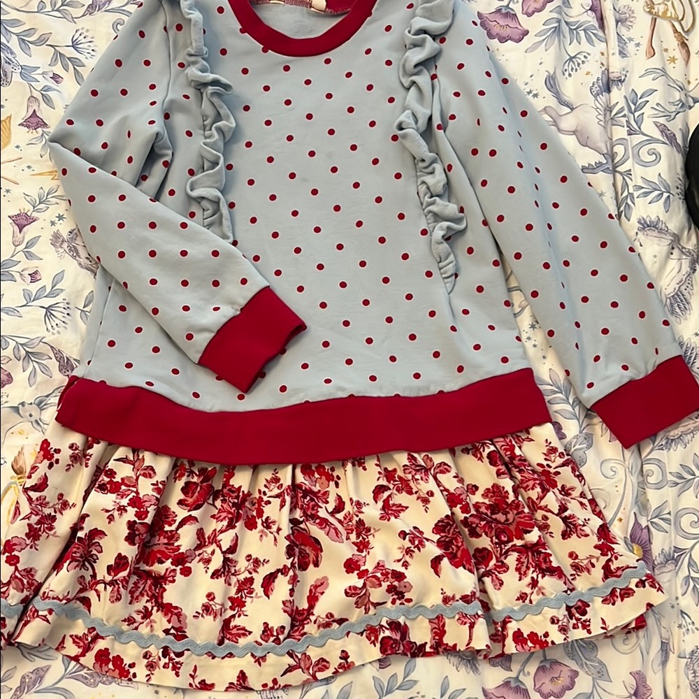 Matilda Jane Blue Polka Dot and Floral Sweatshirt Dress. Size 8
